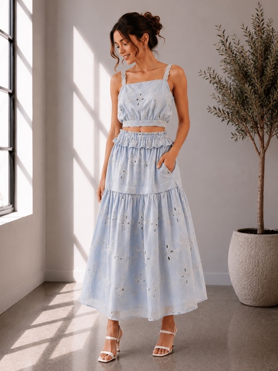 Dresses & Skirts - 429. Blue Eyelet Embroidered Two-Piece Maxi Set